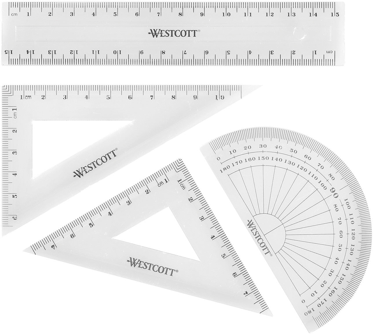 Westcott Geometrie-Set, 4-teilig – Lineal 15,7×3 cm, Dreiecke 12×6/14×6 cm (60°/45°), Winkelmesser 10×5,5 cm