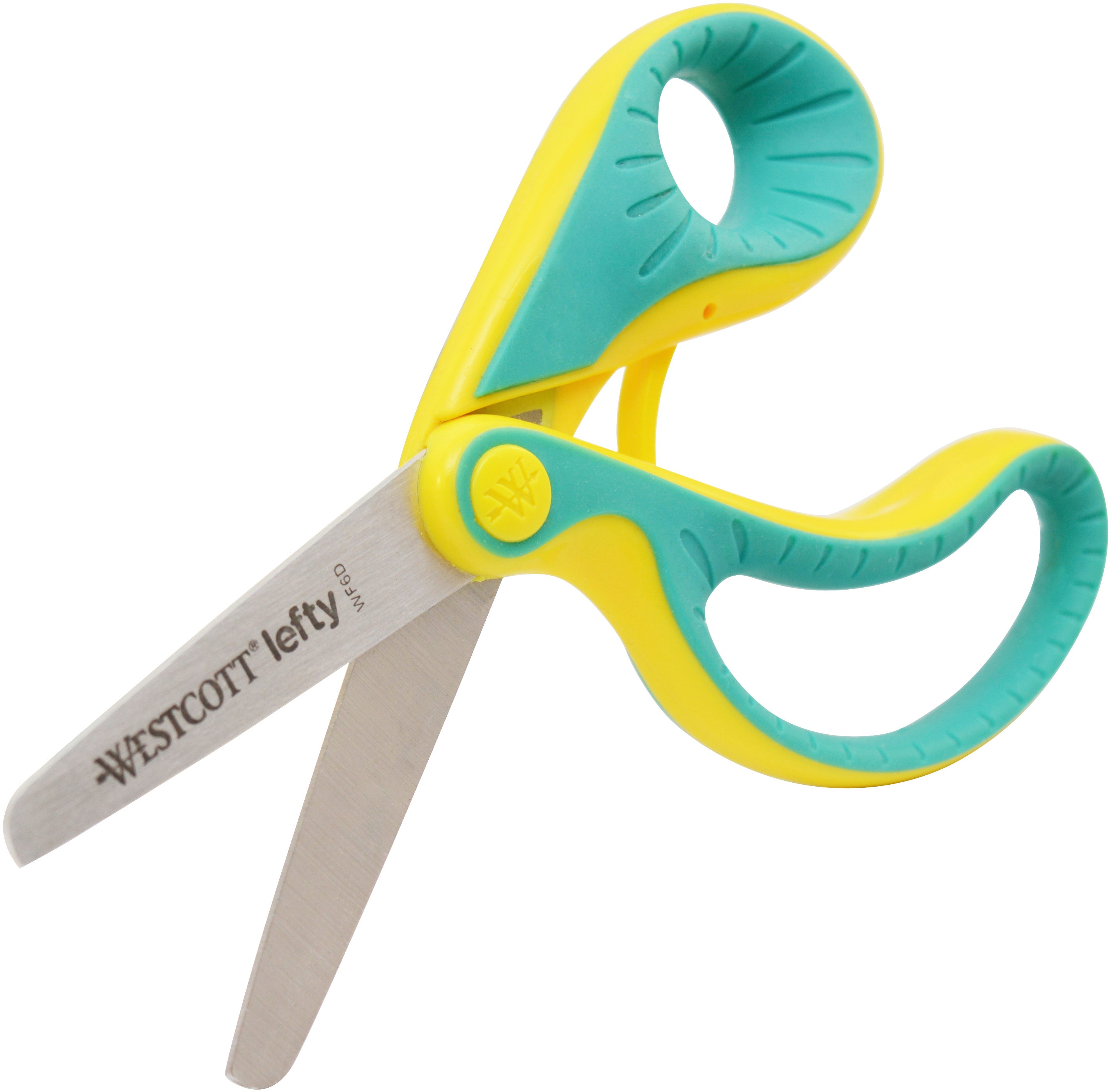 Westcott Softgrip Ergo Junior Kinderschere, für Linkshänder – Federunterstützung, Öffnungshilfe, Grün/Gelb