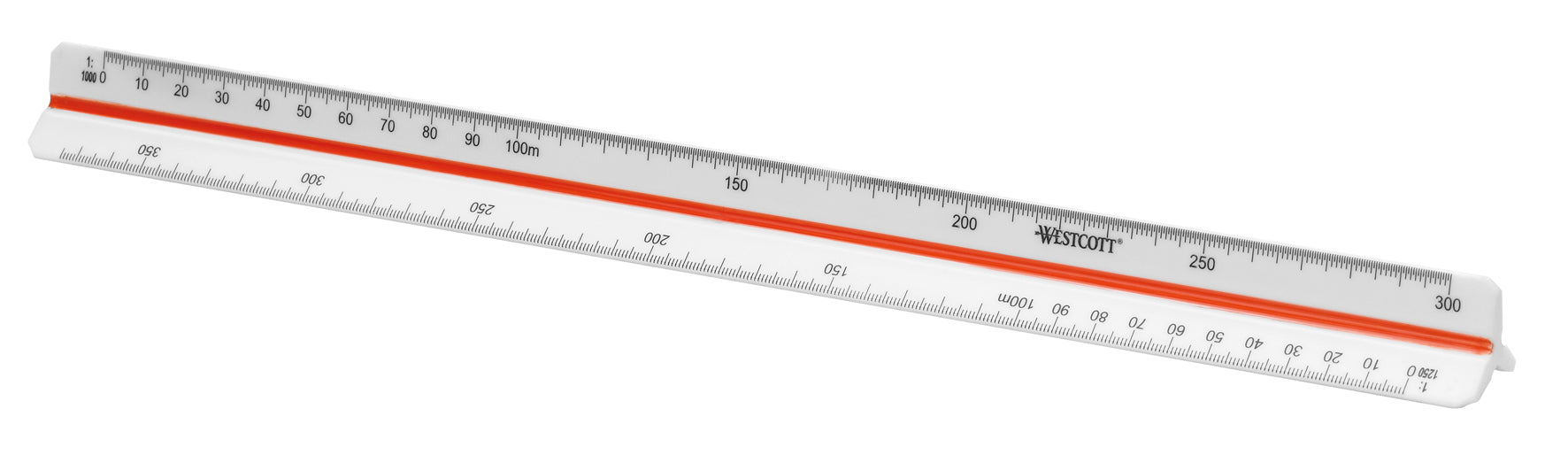 Westcott Reduktionsmassstab – 30 cm – dreikant – Skalen 1:500–1:2500 – Kunststoff – weiss