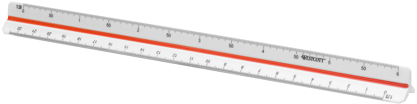 Westcott Reduktionsmassstab – 30 cm – dreikant – Skalen 1:20–1:100 – Kunststoff – weiss