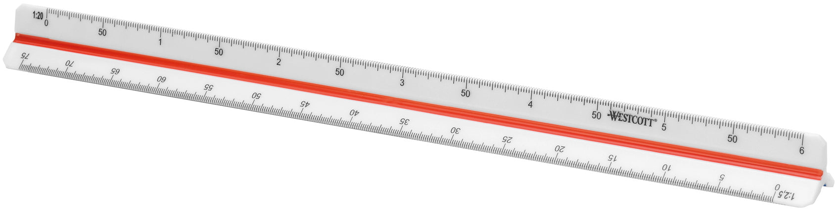 Westcott Reduktionsmassstab – 30 cm – dreikant – Skalen 1:2,5–1:100 – Kunststoff – weiss