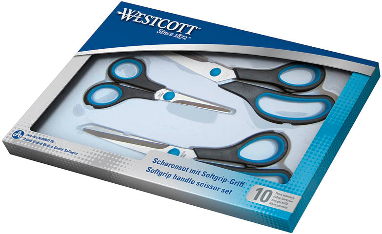Westcott Easy Grip Scheren-Set 13,0 cm/21,0 cm/25,0 cm – Edelstahl, Softgrip-Griffe, Blau/Schwarz, 3 Stk.