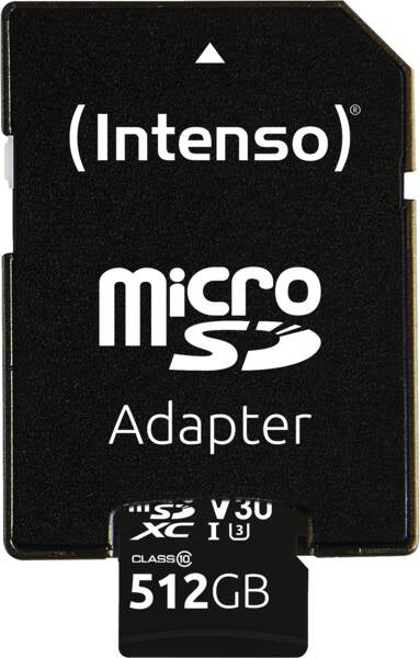 Intenso PRO 3433493 microSDXC 512 GB – UHS-I, Klasse 10, U3, V30, 100/45 MB/s, inkl. SD-Adapter