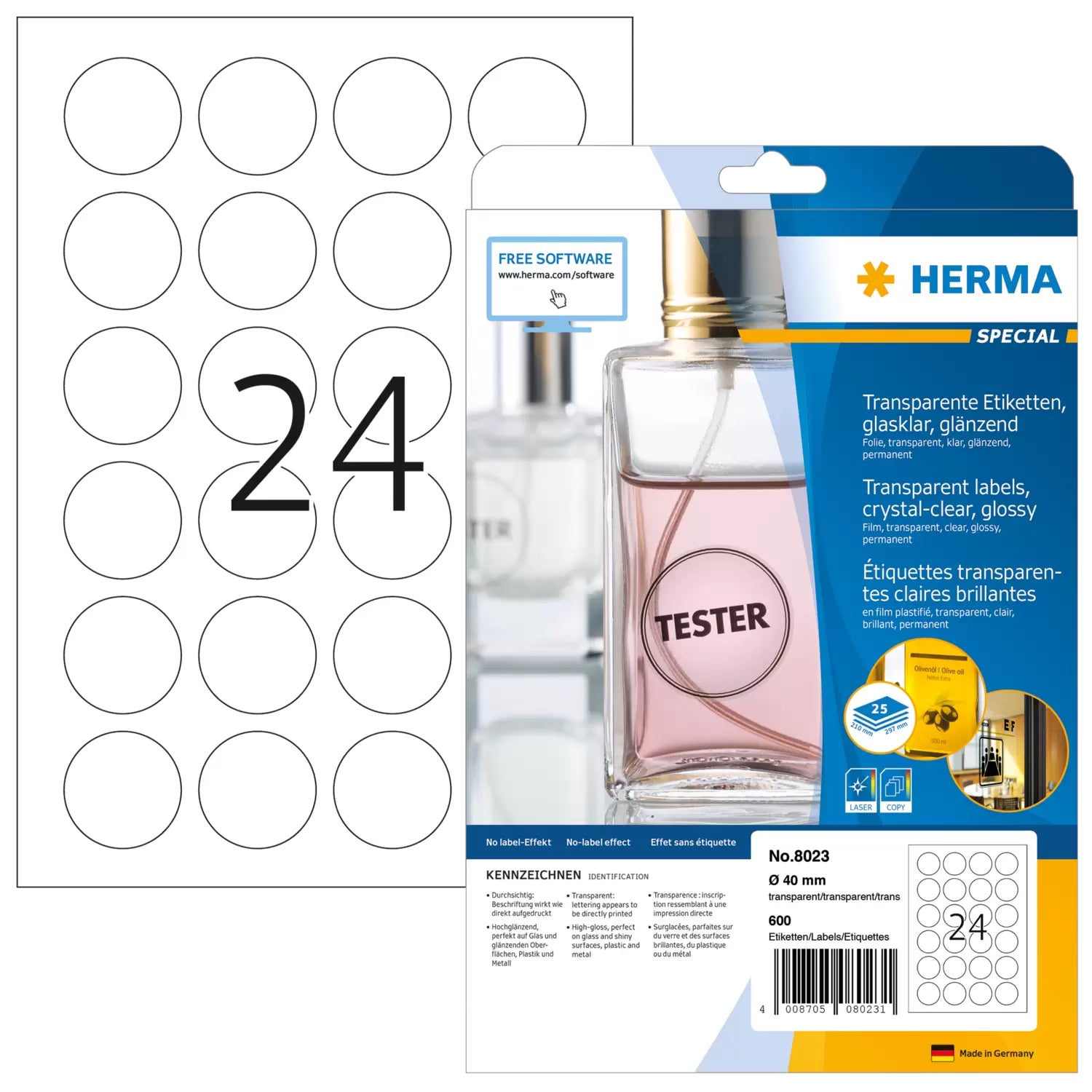 HERMA Druckeretiketten, Ø 40 mm (A4), transparent, Folie, permanent, 25 Blatt (600 Etiketten)
