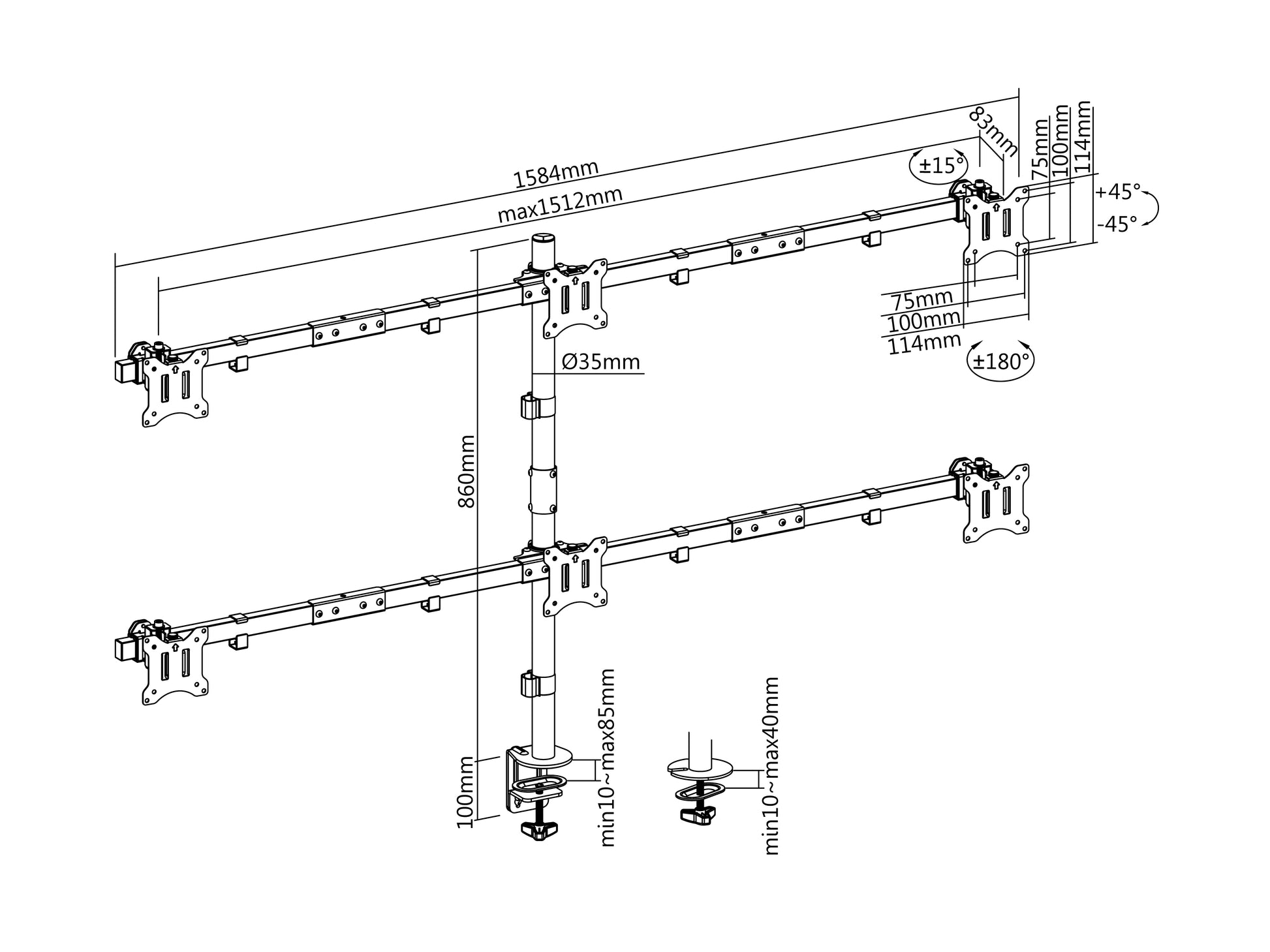 Equip 650160 – Monitorarm, 6 Monitore, bis 32", VESA 75 × 75/100 × 100 mm, schwenkbar