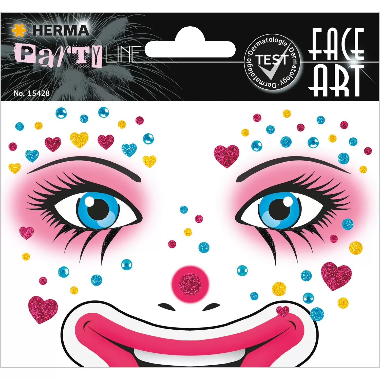 HERMA Face-Art-Sticker aus Glitterfolie, mehrfarbig, Motiv Clown Annie, 127 × 91 mm, 1 Blatt, wiederablösbar