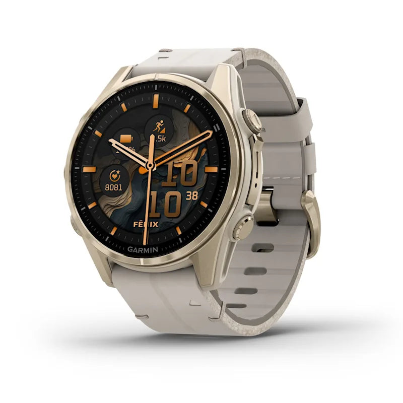Garmin Fenix 8 AMOLED Sapphire – GPS-Smartwatch – 43 mm, 1,3", GPS, 10 ATM, Gold, Hellgrau