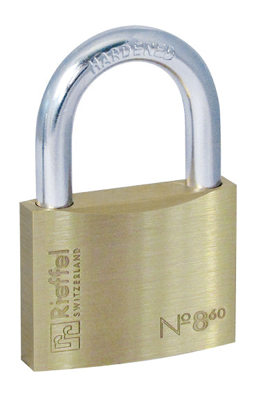Rieffel Nr. 8 Mechanisches Vorhängeschloss – Messing, Bügelhöhe 38 mm, Ø9,3 mm, 6 Stk.