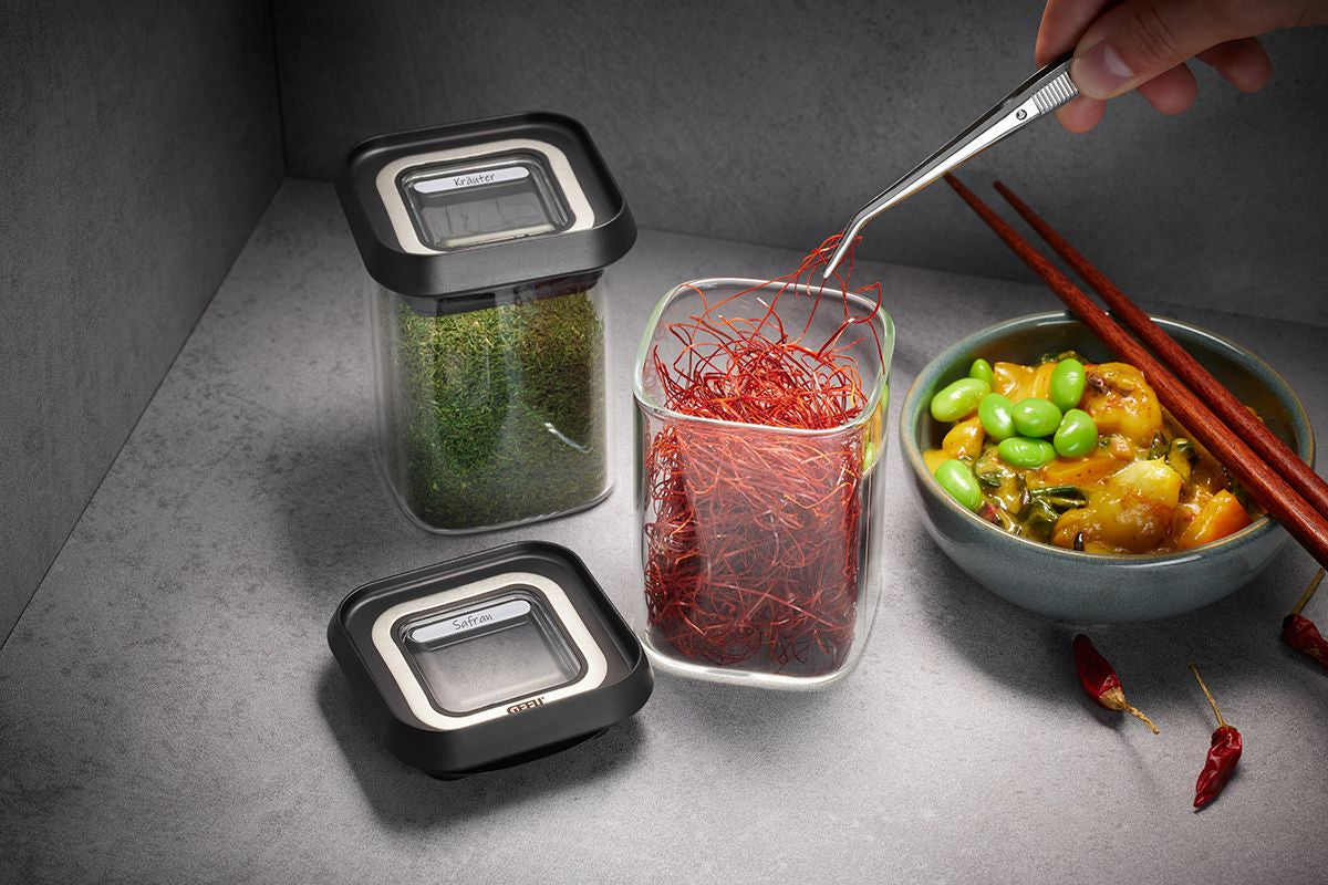 GEFU PANTRY Mini – Vorratsdose 180 ml, 180 ml, 400 ml, Glas (Borosilikat)/Kunststoff/Edelstahl, 3-teilig, tran