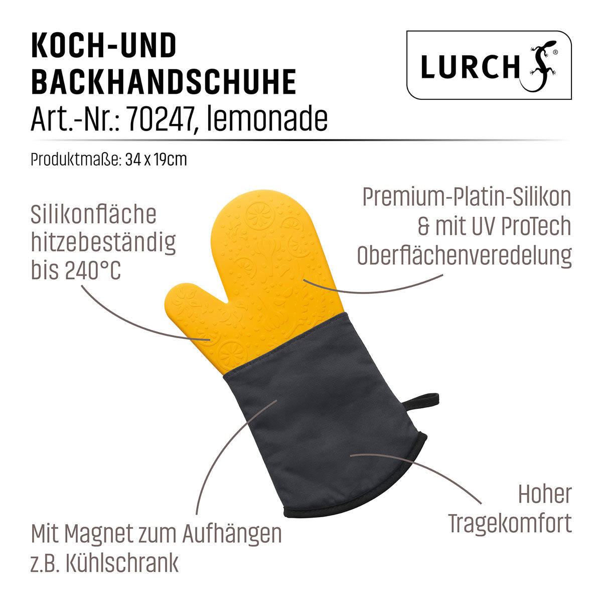 Lurch Ofenhandschuhe 19 × 2,5 × 34 cm, Baumwolle/Silikon, Gelb/Schwarz, hitzebeständig bis 240 °C