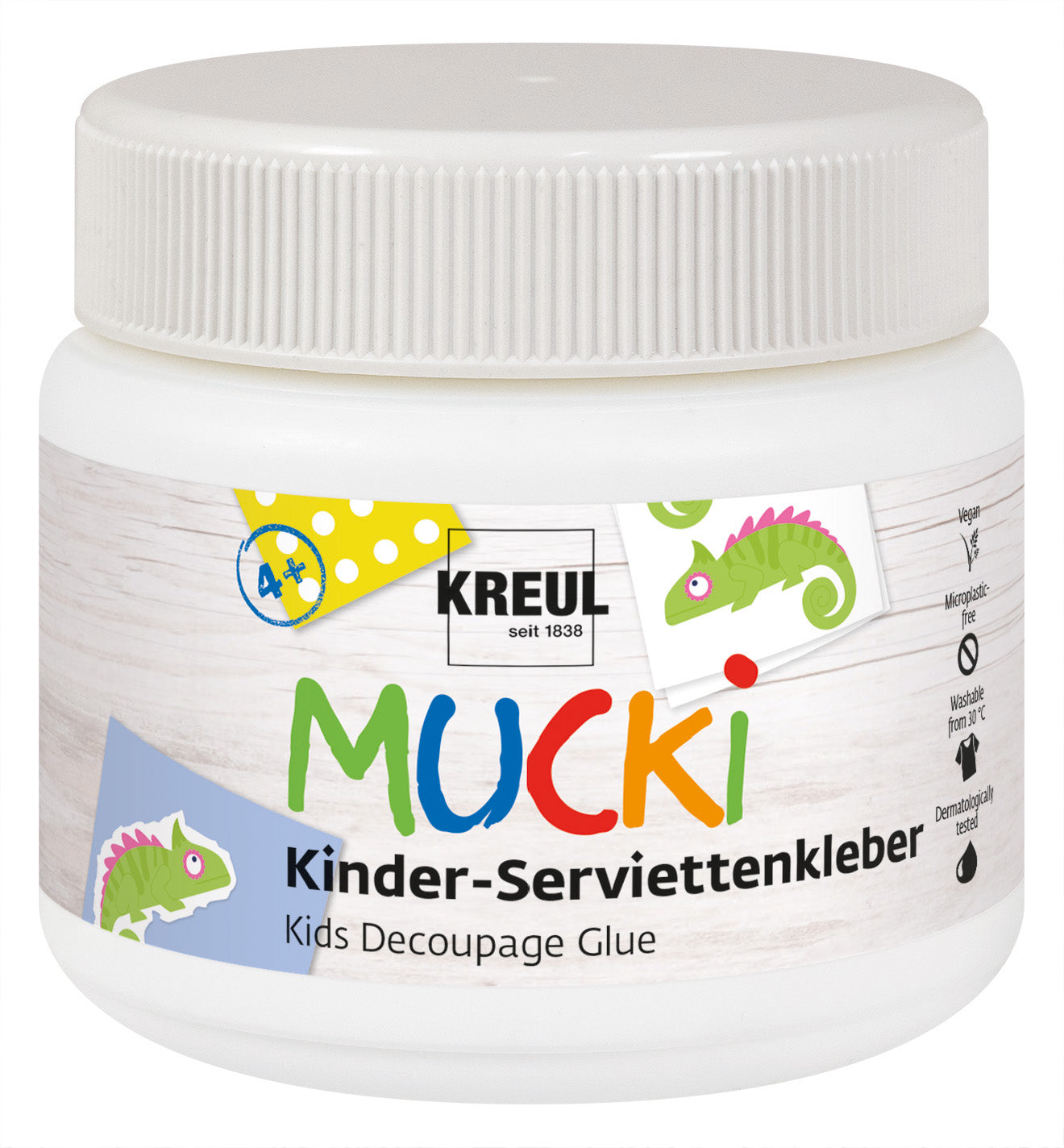 KREUL Kleber & Lack Mucki – transparent, auf Wasserbasis, 150 ml, für Papier, Karton, Kunststoff und mehr