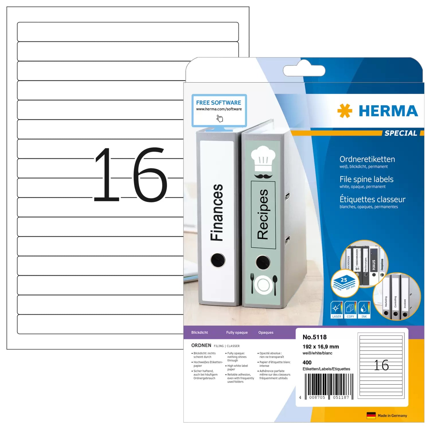 HERMA Ordneretiketten, 192 mm × 17 mm, weiss, Papier, permanent, 25 Blätter (400 Etiketten)