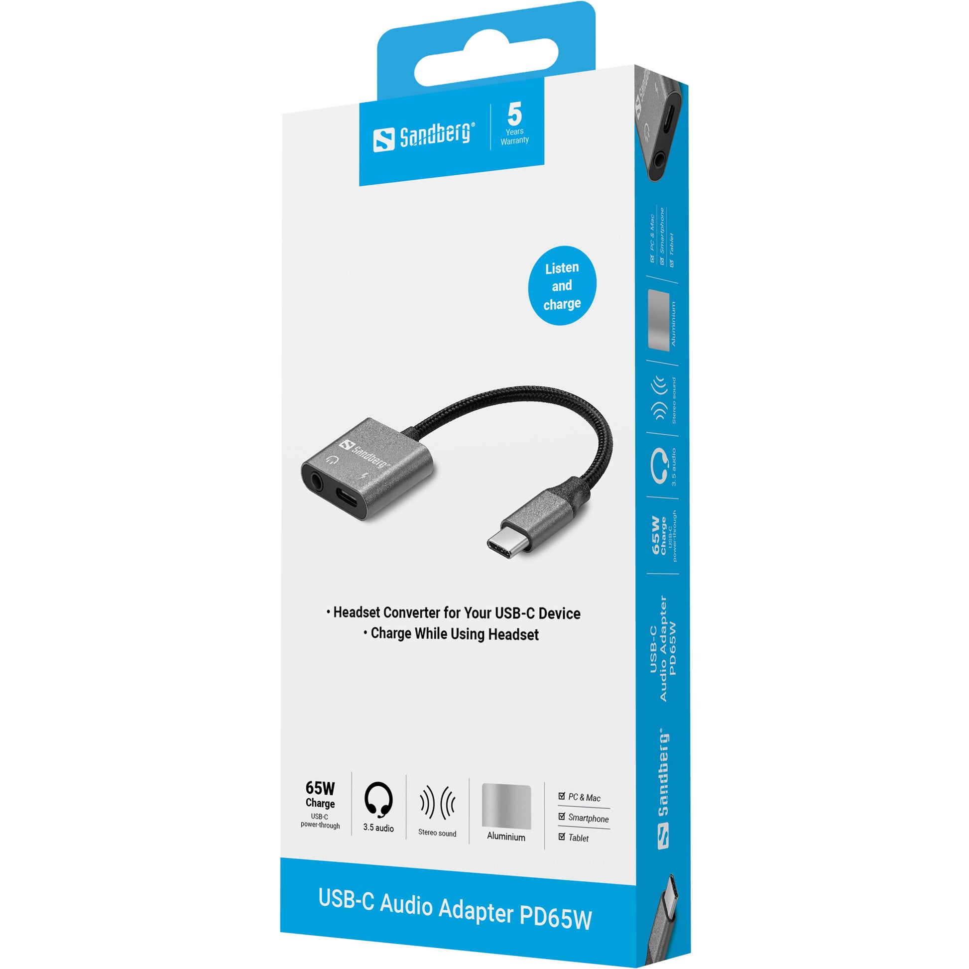 Sandberg 136-67 – Externe USB-Soundkarte – USB-C, 3,5 mm Klinke – Grau