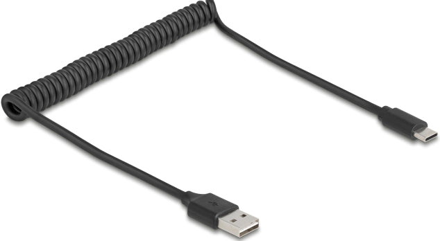 DeLOCK USB-A auf USB-C Kabel – USB 2.0 (480 Mbit/s) – 0,8 m – Spiralkabel – Schwarz