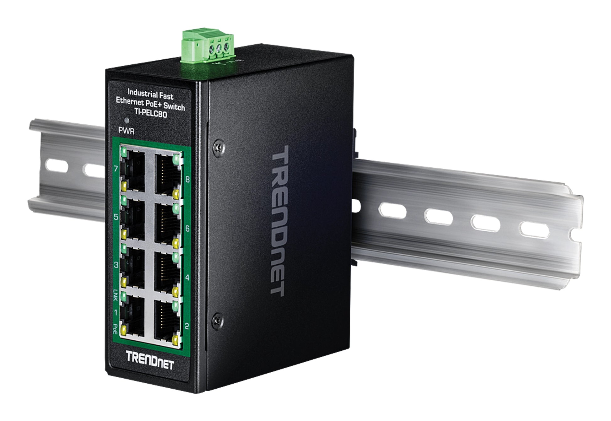 TRENDnet TI-PELC80 – Unmanaged Switch – 8× 10/100 RJ-45, PoE+ (8×), PoE-Budget 200 W, DIN-Schiene, IP30