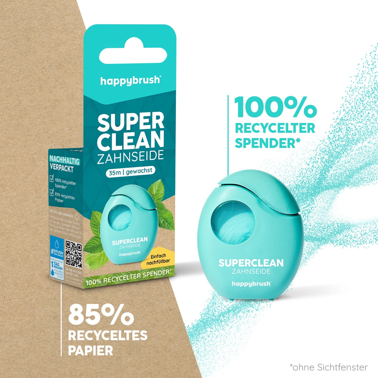 happybrush Zahnseide SuperClean – gewachst, Minze – 35 m – blau