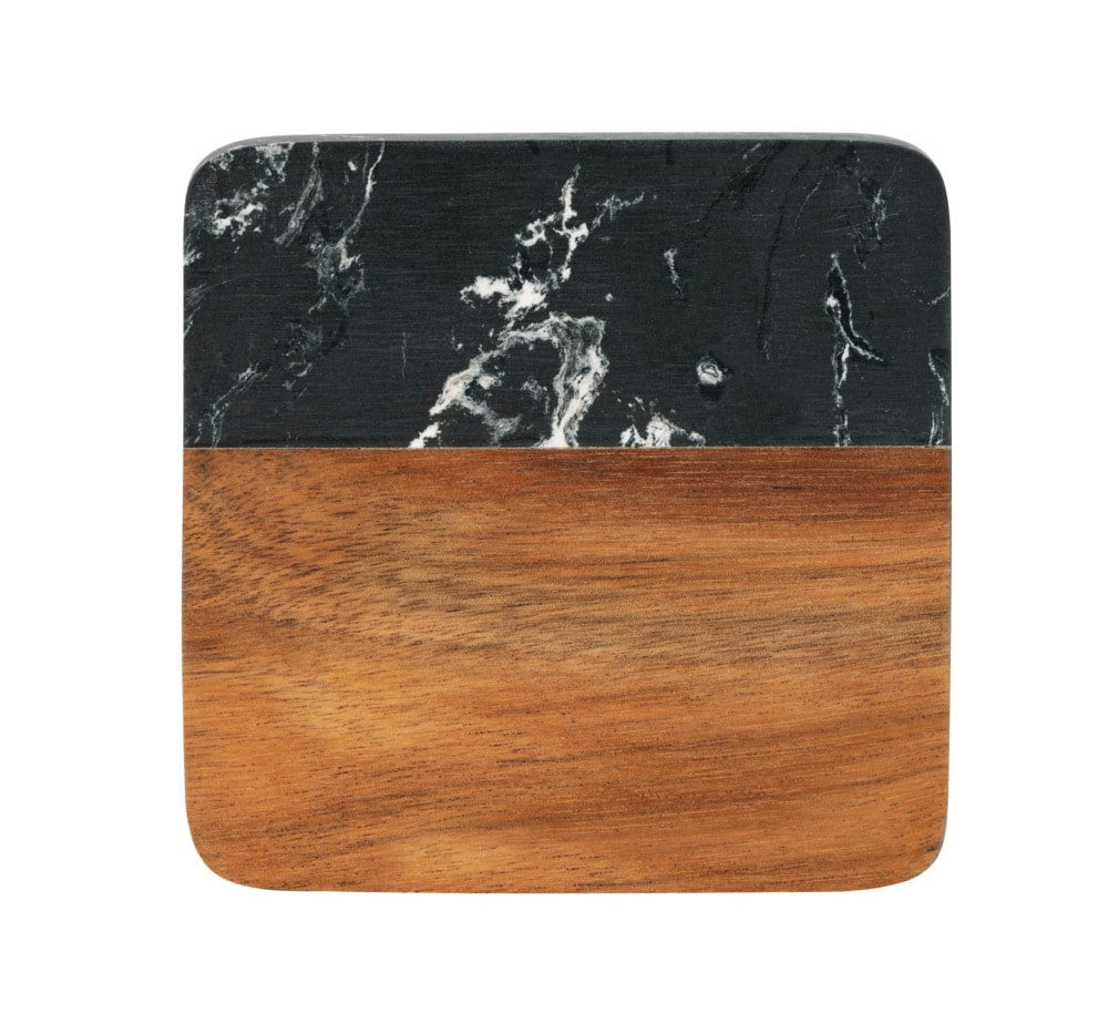 Wenko Untersetzer Atami – 4er Set, 10 × 10 × 1 cm, Marmor/Holz, Schwarz/Braun