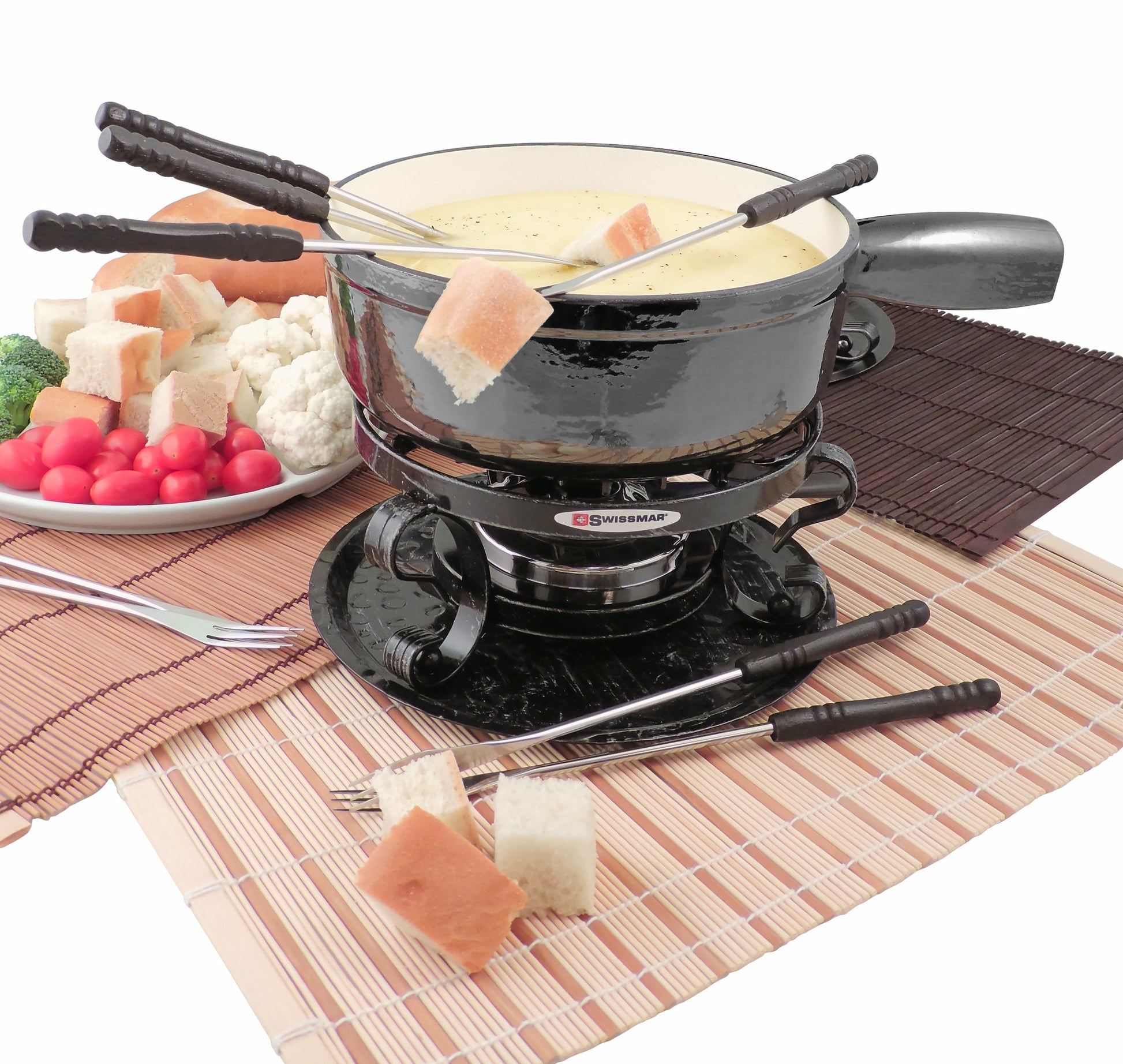 Swissmar Fondue-Set – Ø 22 cm, Gusseisen/Edelstahl, für Käsefondue, Gas, Grau, 6 Personen, 9 Teile