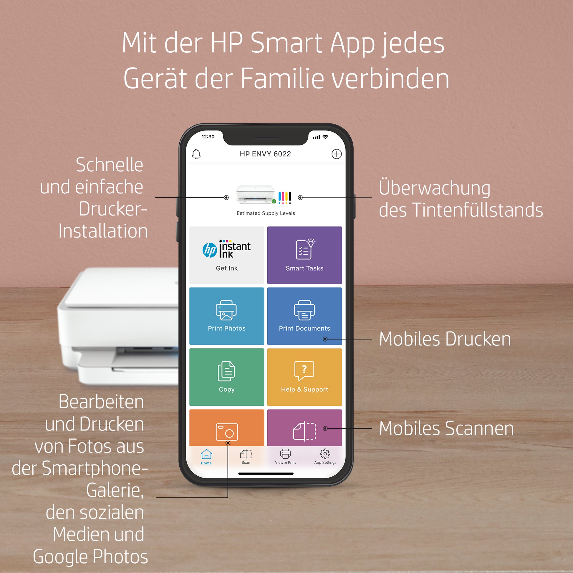 HP ENVY 6022 – Farbtintenstrahl-Multifunktionsdrucker, A4, 3-in-1, Duplex, WLAN, AirPrint, Mopria