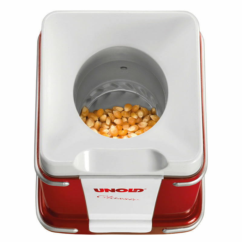 Unold Popcornmaschine Classic 48525 – 100 g, 900 W, Deckel als Messbecher – rot/silber/weiss