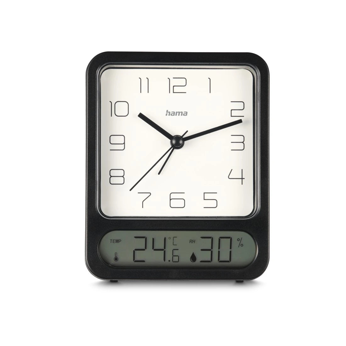 Hama Pag Quarz-Wecker – Analog, lautlos, Thermometer/Hygrometer, 9,5 × 12,5 × 4,9 cm, schwarz