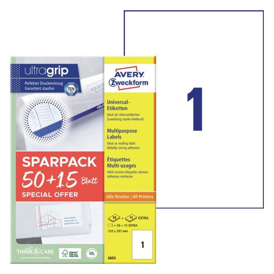 Avery Druckeretiketten, 210 mm × 297 mm, weiss, Papier, permanent, 65 Blatt
