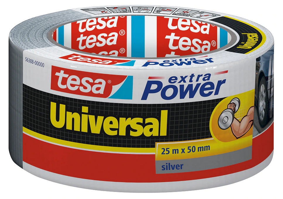 tesa Gewebeband Extra Power Universal – 50 mm × 25 m, silber, extra stark, recycelt
