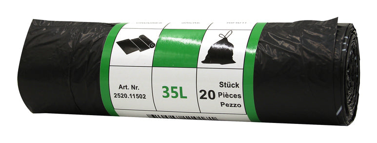 Weita Kehrichtsack – 35 l, mit Zugband, PE, schwarz, 555 × 600 mm, 1 Rolle à 20 Stk