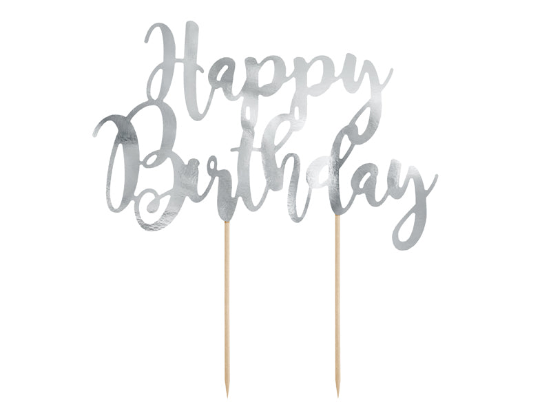 PartyDeco Kuchentopper Happy Birthday – silber – Höhe 22,5 cm – Papier – 1 Stk
