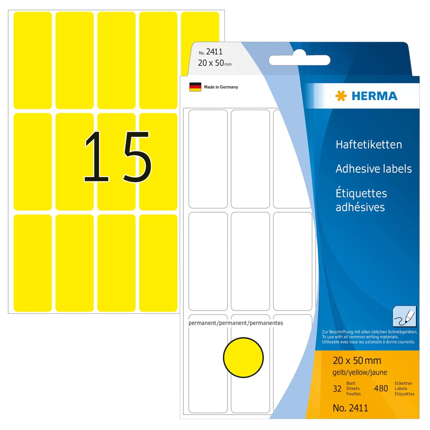 HERMA Schuletiketten – 20×50 mm, Abgerundete Ecken, 480 Stk, 32 Bogen, Papier, Permanent Haftend