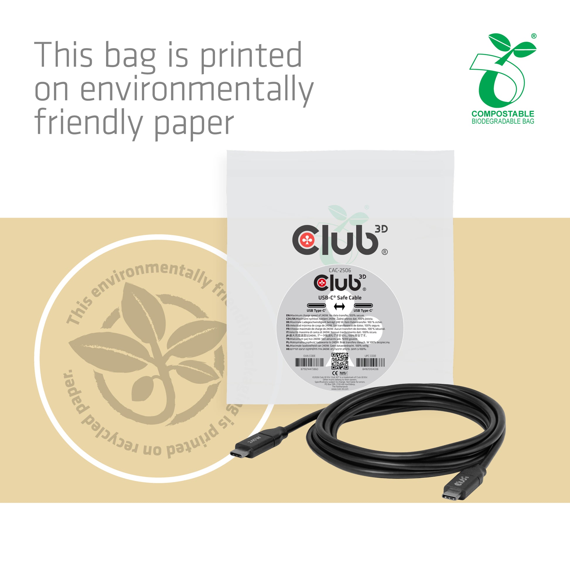 CLUB3D Club 3D – USB-C auf USB-C Kabel – 2 m – PD 240 W – Schwarz – für USB-C-fähige Geräte