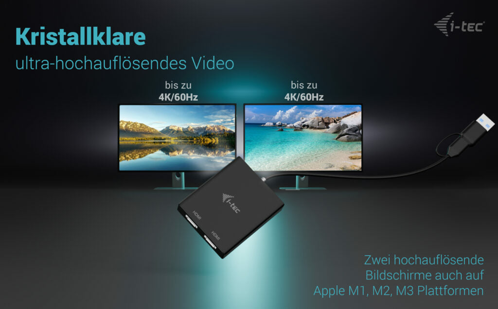 i-tec USB-A/USB-C Multiport-Adapter – 2× HDMI – 2× 4K – DisplayLink