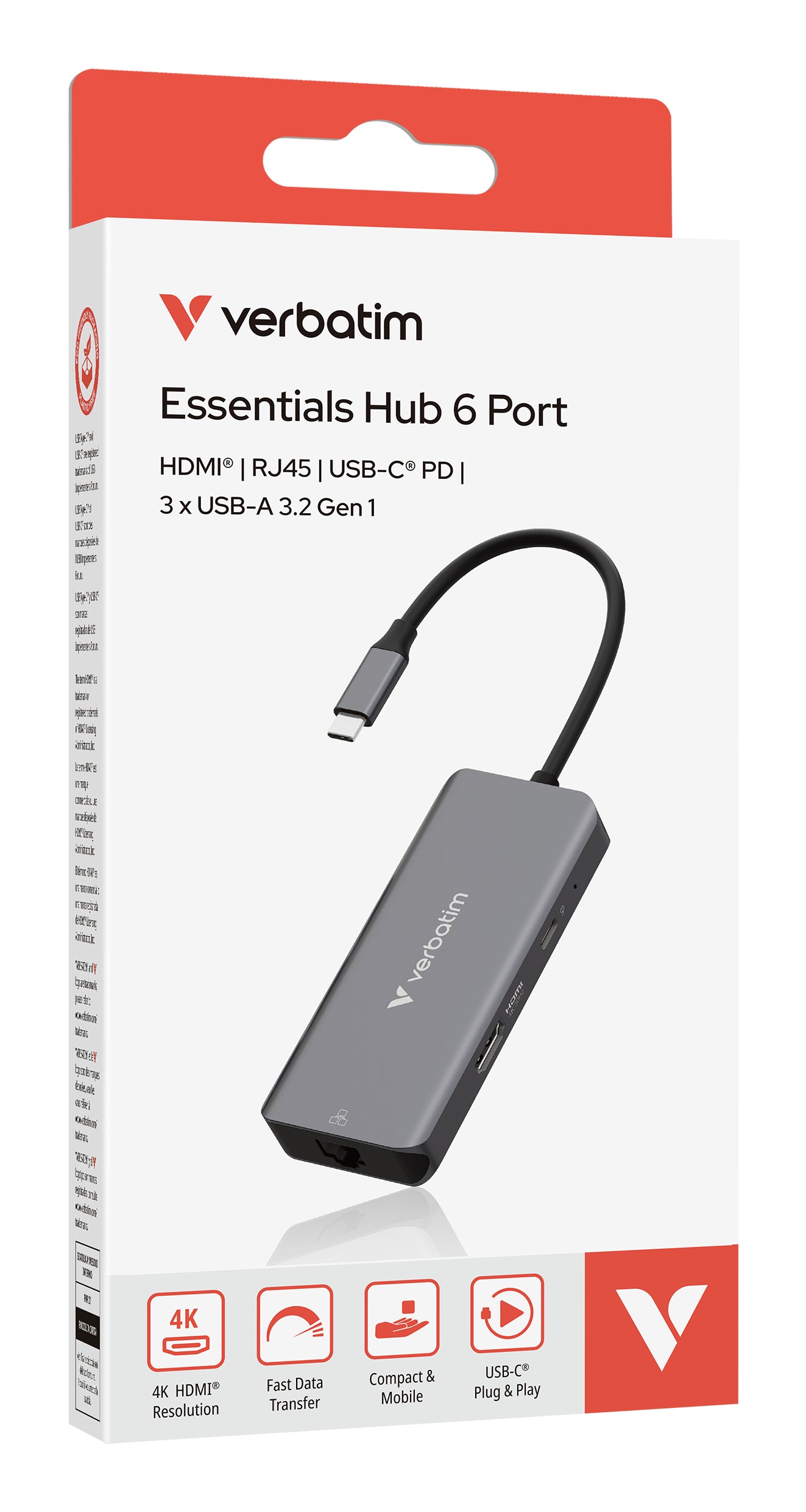 Verbatim 32157 Multiport-Adapter – USB-C, 1× HDMI, 3× USB-A, 100 W PD, GbE, für Windows/Mac/Linux