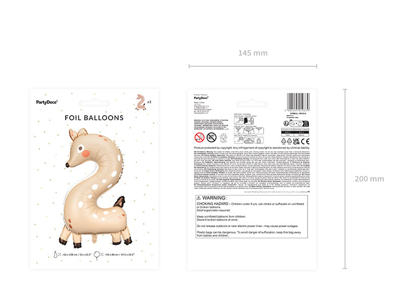 PartyDeco Folienballon Zahl 2 Reh – braun – 65 × 102 cm – Folie – 1 Stk