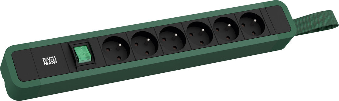 Bachmann PRIMO 2 Steckdosenleiste – 6×UTE (Typ E), 2,0 m, Schalter (beleuchtet), Grün, Aufhängeschlaufe