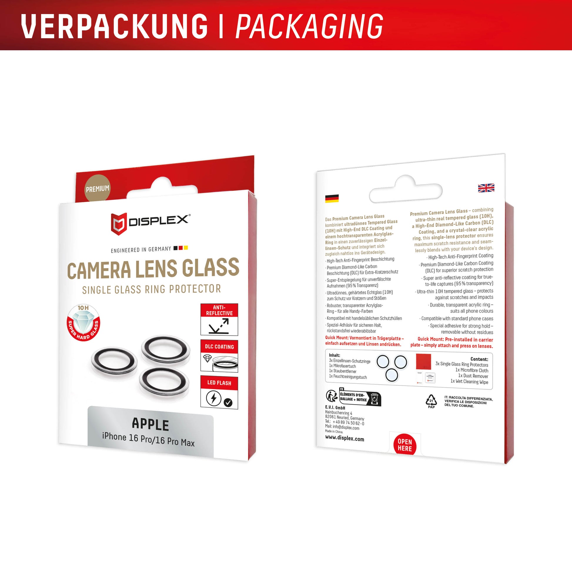 E.V.I. DISPLEX CAMGLASS Einzellinse – Kameraobjektivschutz – für iPhone 16 Pro/16 Pro Max, 10H, Schwarz/Transparent