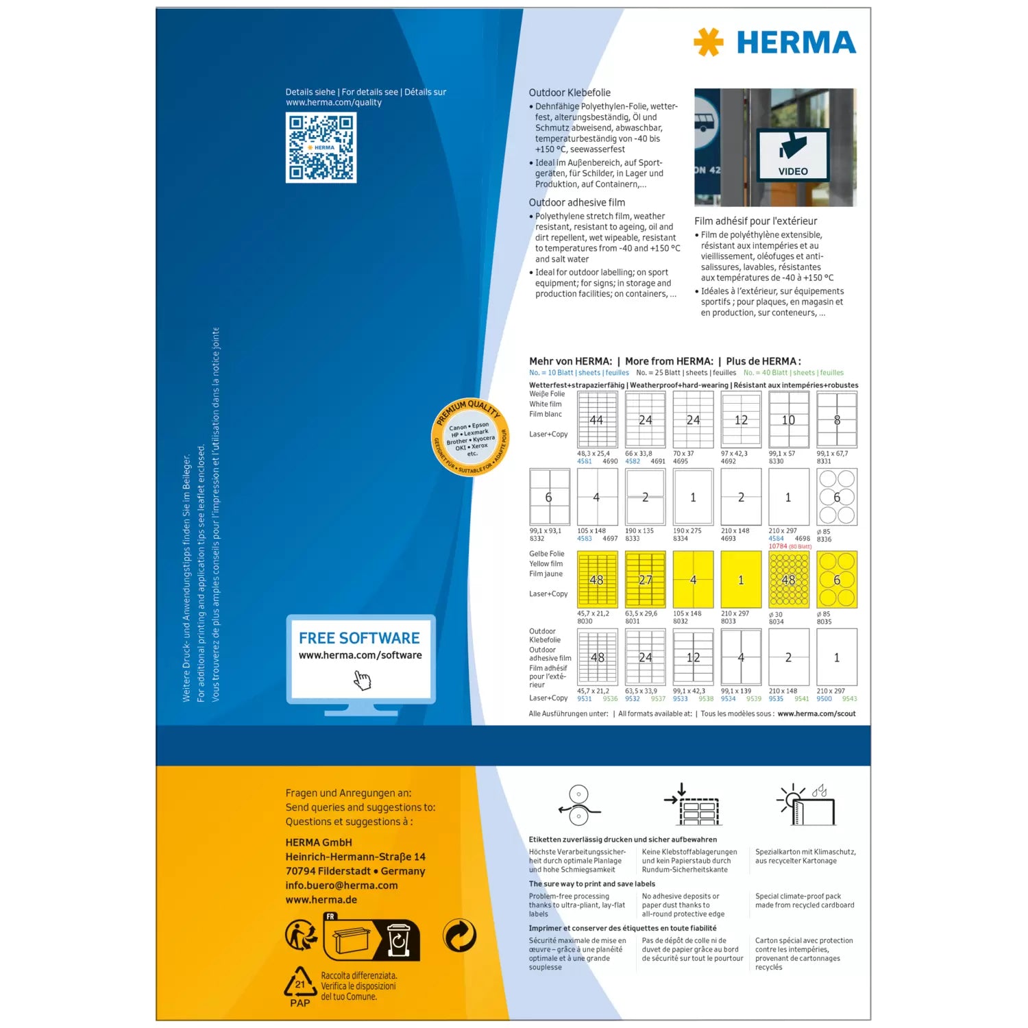 HERMA Etiketten, 210 mm × 297 mm, weiss, Folie, extra stark, 40 Blatt