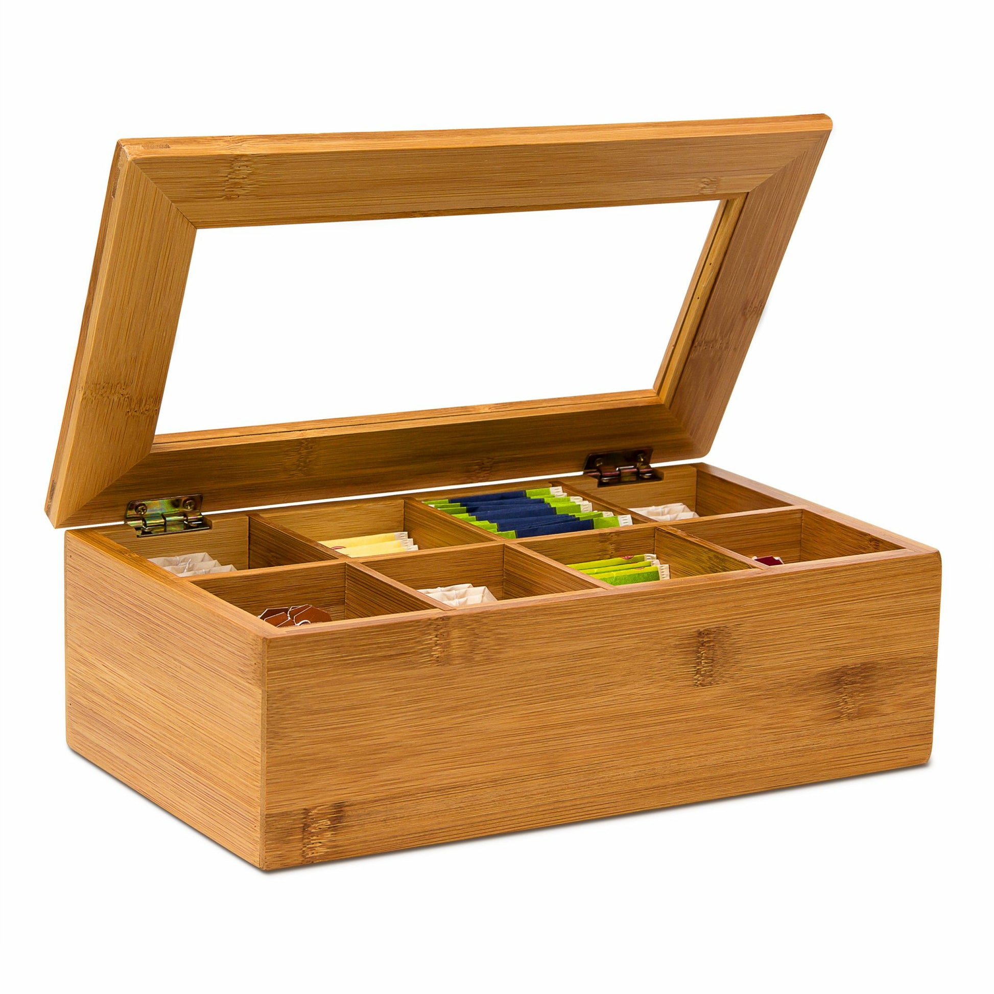 Relaxdays Teebeutelbox Bambus/Kunststoff, 8 Fächer, 28 × 16 × 9 cm
