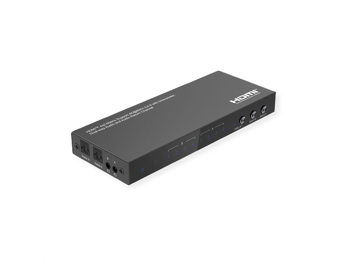 VALUE HDMI Matrix 4×2, 4K@60 Hz, HDCP 2.2, EDID, Toslink, Downscale, IR-Fernbedienung