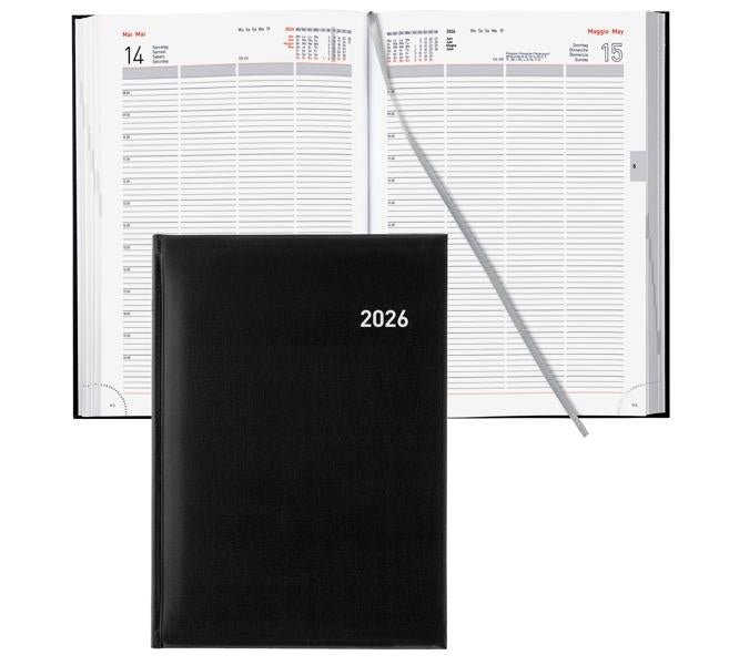 Biella Quattro Agenda – 1 Tag pro Seite, gebunden, A4, 2026, 1-Stunden-Takt, mehrsprachig, schwarz, FSC