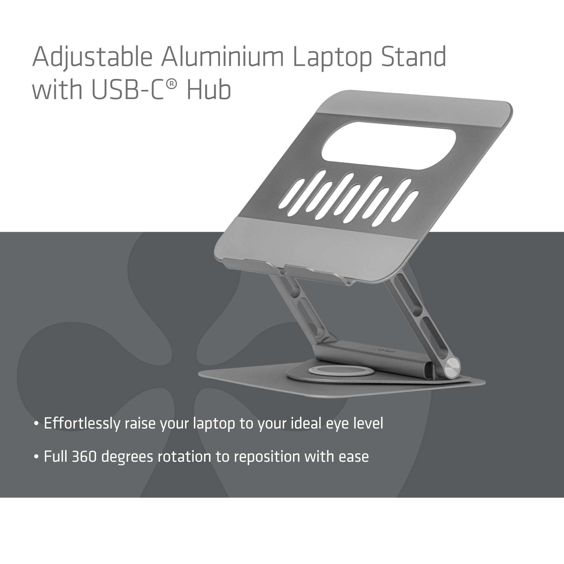 CLUB3D Laptop-Ständer – bis 17,3", höhenverstellbar, mit USB-C-Hub 100 W – Grau