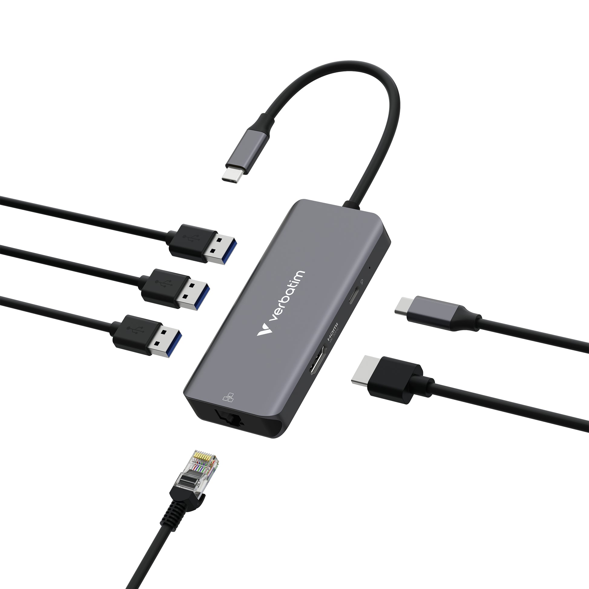 Verbatim 32157 Multiport-Adapter – USB-C, 1× HDMI, 3× USB-A, 100 W PD, GbE, für Windows/Mac/Linux