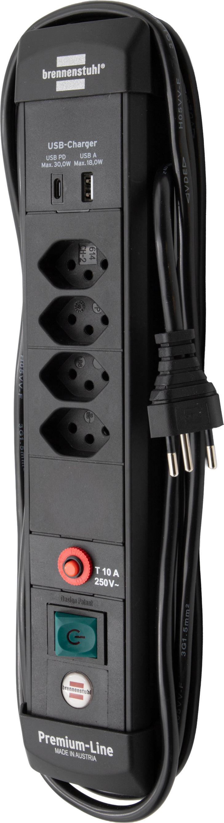 Brennenstuhl Premium-Line Steckdosenleiste, 4×T13, 1×USB‑A 18 W + 1×USB‑C PD 30 W, mit Schalter, 3 m – Schwarz