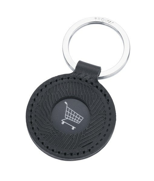 TROIKA Schlüsselring Coin Adventure – mit Einkaufschip, Leder, Schwarz, Ø 45 mm