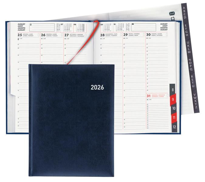 Biella Orario Agenda – 1 Woche/2 Seiten, Gebunden, 17,5 × 23,5 cm, 2026, Mehrsprachig, Dunkelblau, FSC
