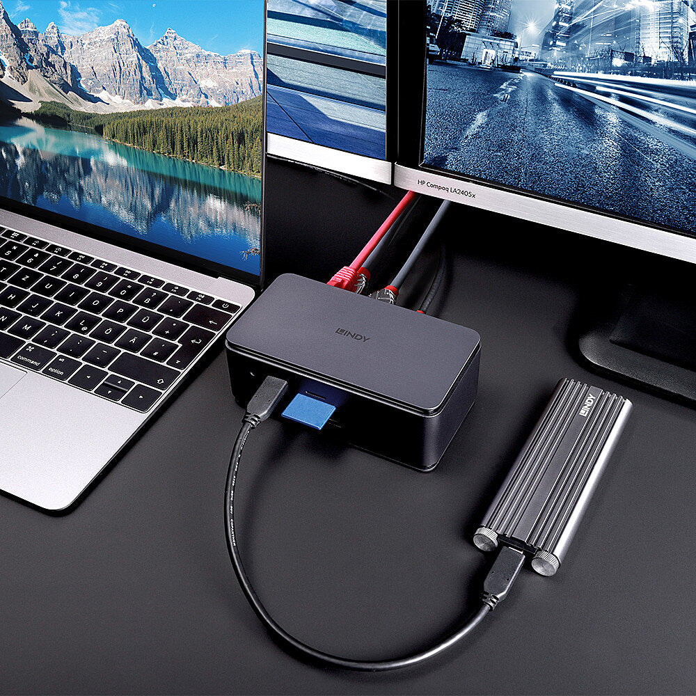 Lindy DST-Pro 43372 Dockingstation – USB4, 1× DP, 1× HDMI, 3× USB-A, 1× USB-C, 100 W PD, GbE, SD/microSD