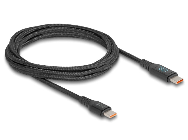 DeLOCK USB-C auf USB-C Kabel – USB 2.0 (480 Mbit/s) – 1,2 m – PD 140 W – Textilmantel, LED-Display – Schwarz