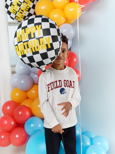 PartyDeco Folienballon Zielflagge Happy Birthday – mehrfarbig – Ø 35 cm – Folie – 1 Stk