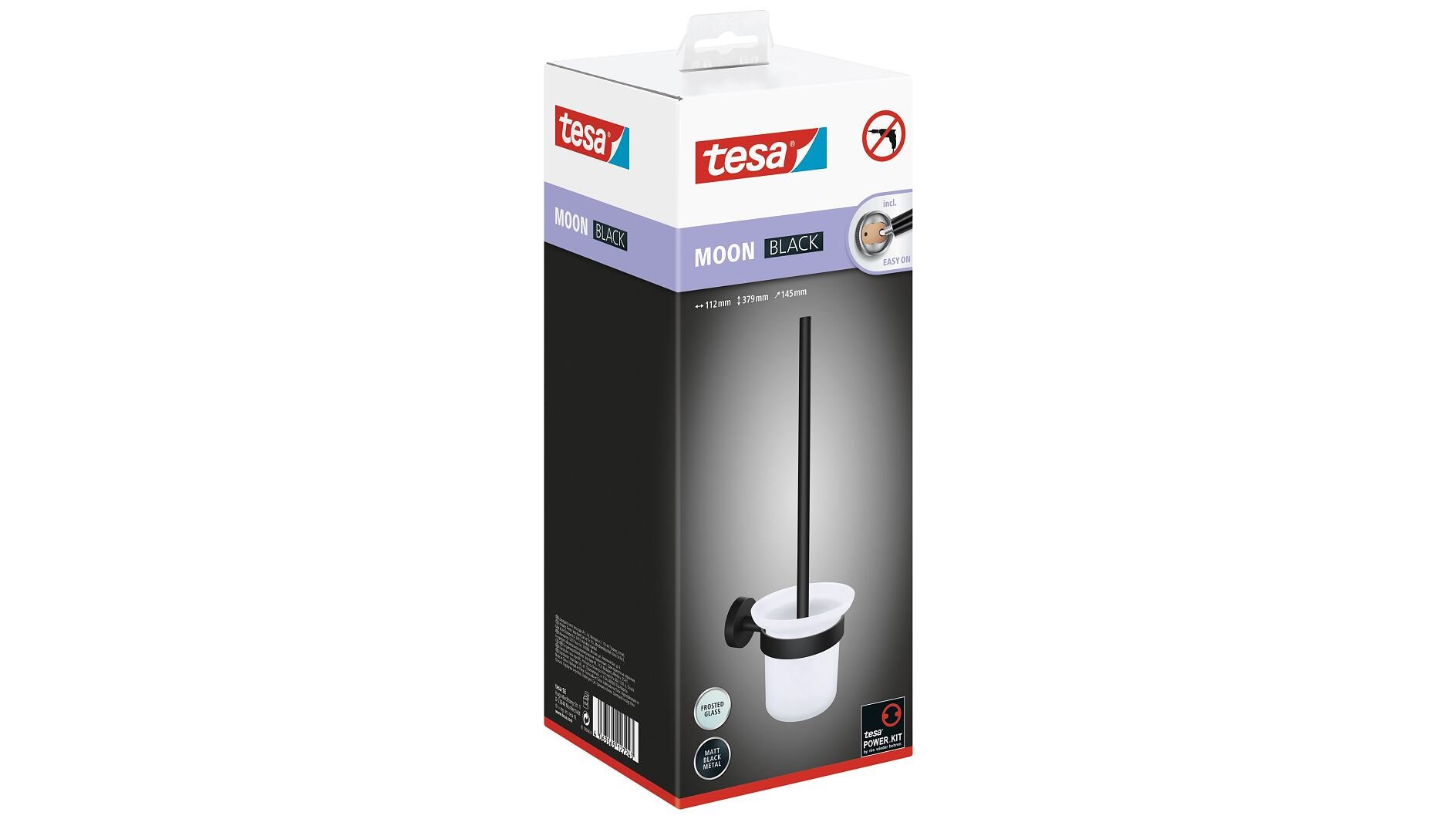 TESA WC-Bürstenset – Metall, Glas, Schwarz, Wandmontiert, Klebend, Kopf Austauschbar, H 37,9 cm