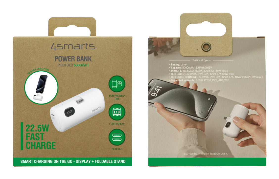 4smarts PicoFold Powerbank 5'000 mAh – 22,5 W PD, 1× USB-C, weiss